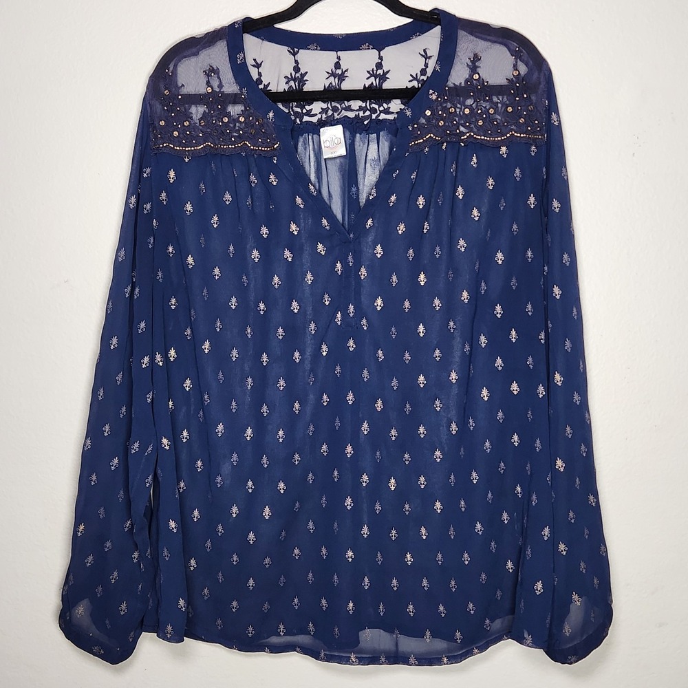 Bila Womens XXL Blue Sheer Long Sleeve Beaded Sequin Peasant Boho Top